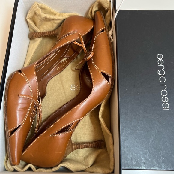 Sergio Rossi Tan Leather Pointed Toe High Wooden Stiletto Heels - Picture 13 of 15